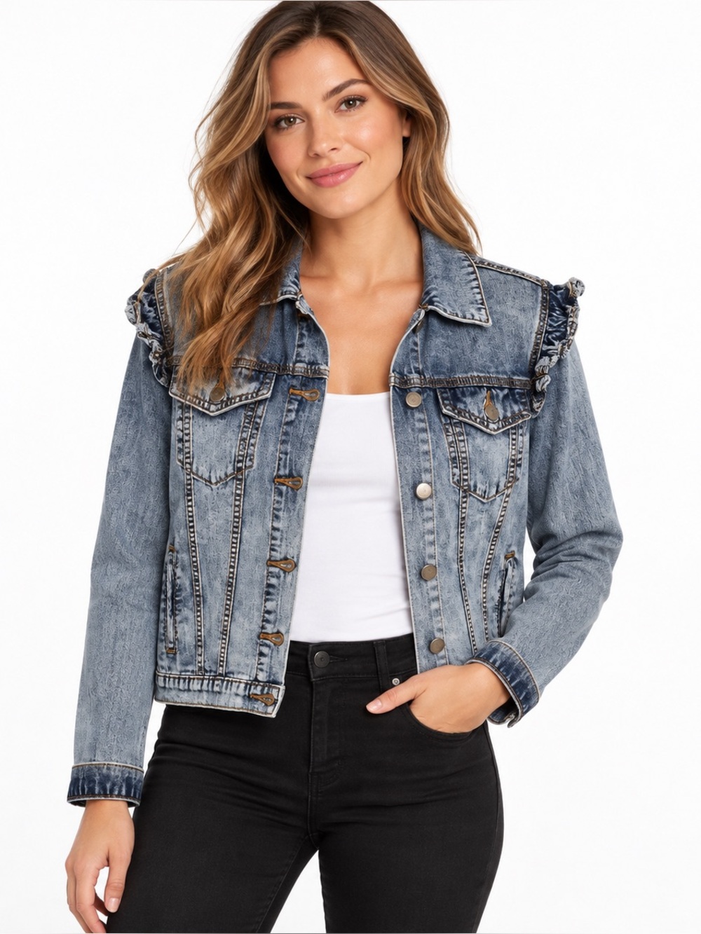 Driftwood Ruffle Trim Denim Jacket Women’s Small Acid Wash Button Front
